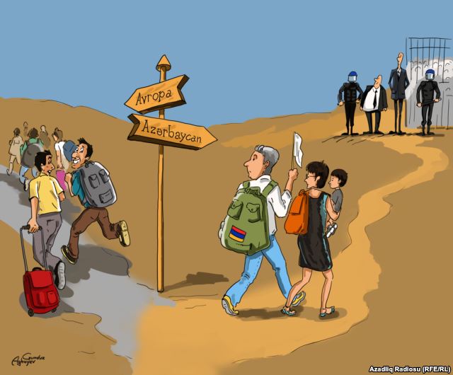 Gündüz Ağaev, ailesiyle birlikte Azerbaycan'a sığınan Martirosyan'ı karikatüründe böyle resmetmişti.