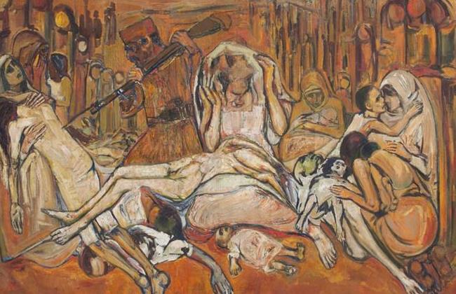  Guiragossian, Der Zor’u anlattığı resminde (1963-1964), sürgüne çıkarılan Ermeni ailelerin sefil halini, acıyla gerilen bedenleri, sahipsiz kalmış bebekleri ve şiddeti tasvir eder. Ailesinden dinlediği soykırım hikâyeleri, sanatçının göçe ve savaşa dair anılarıyla birleşerek, çarpıcı birer imgeye dönüşür.