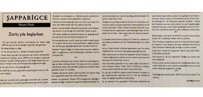 Agos'un arşivinden: Hrant Dink'in kaleminden 'zorlu yıl 2007'