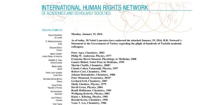 Nobel ödüllü bilim insanlarından akademisyenlere destek