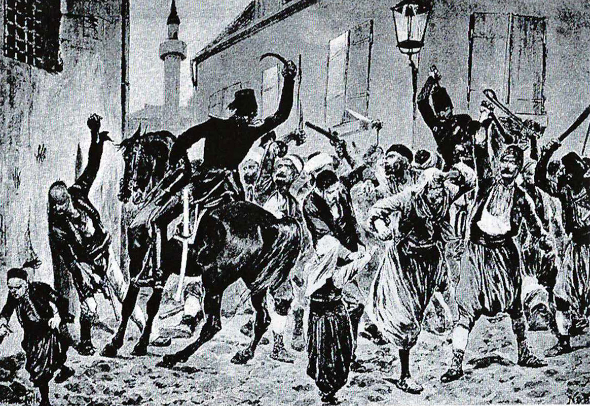 Dersaadet’te Bank-ı Osmani Şahane (Osmanlı Bankası) olayının ardından şehrin sokaklarında ve odalarında çoğunluğu hamalların oluşturduğu binlerce Ermeninin kırıma uğramasını tasvir eden bir İngiliz gravürü.