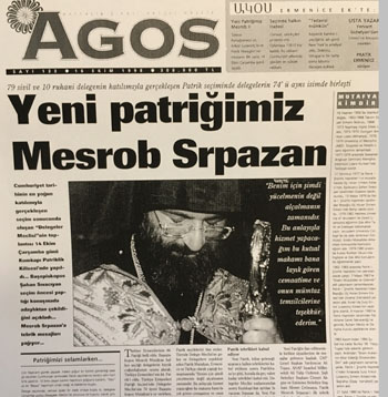 1998'de Mesrob Mutafyan Patrik seçildikten sonra Agos'un manşeti.