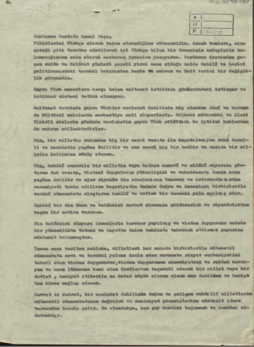 Mektubun ilk sayfası