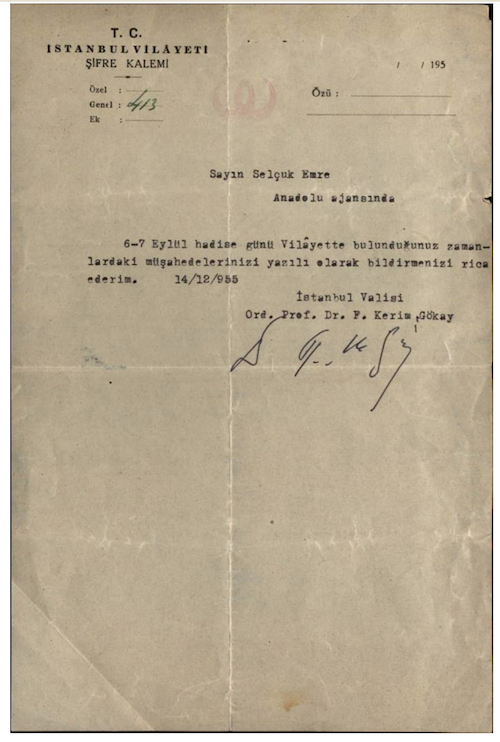 Dönemin valisi Gökay'ın talebi